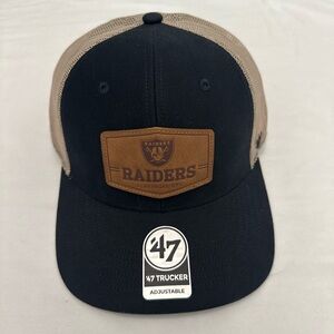NFL Raiders Black and Tan Leather Patch Trucker Hat